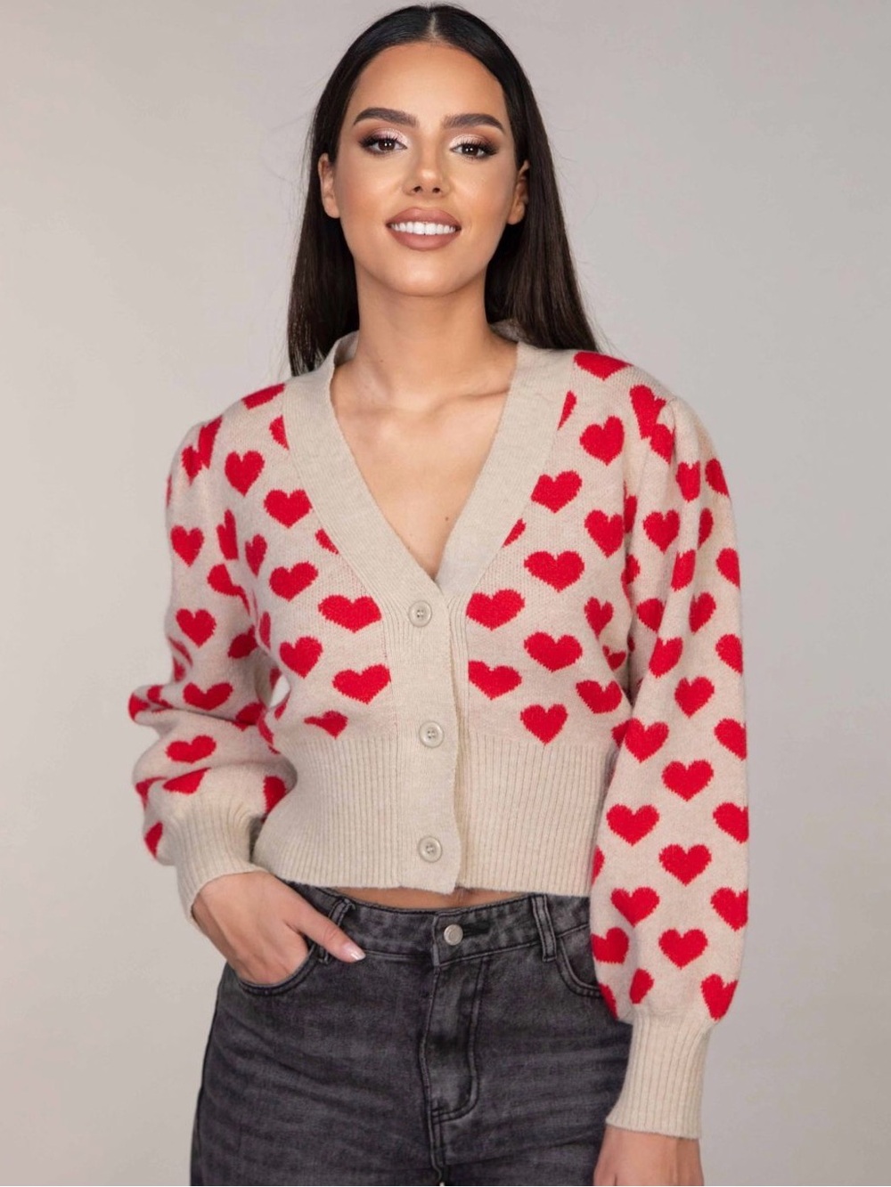 Cozy Heart Print V-Neck Cardigan Sweater - Beige/Red Valentines Sweater Size M